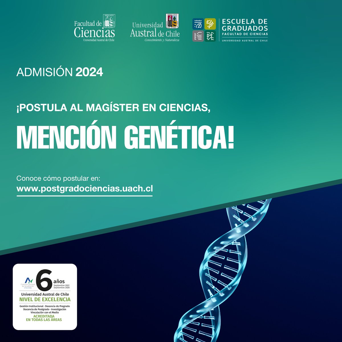 Postulaciones abiertas para el Magíster en Cs. mención Genética, uno de los postgrados alojados en el Instituto de Ciencias Ambientales y Evolutivas.

<a href="/cienciasuach/">Facultad de Ciencias, UACh</a> <a href="/PostCienciaUACh/">Postgrado Facultad de Ciencias UACh</a>