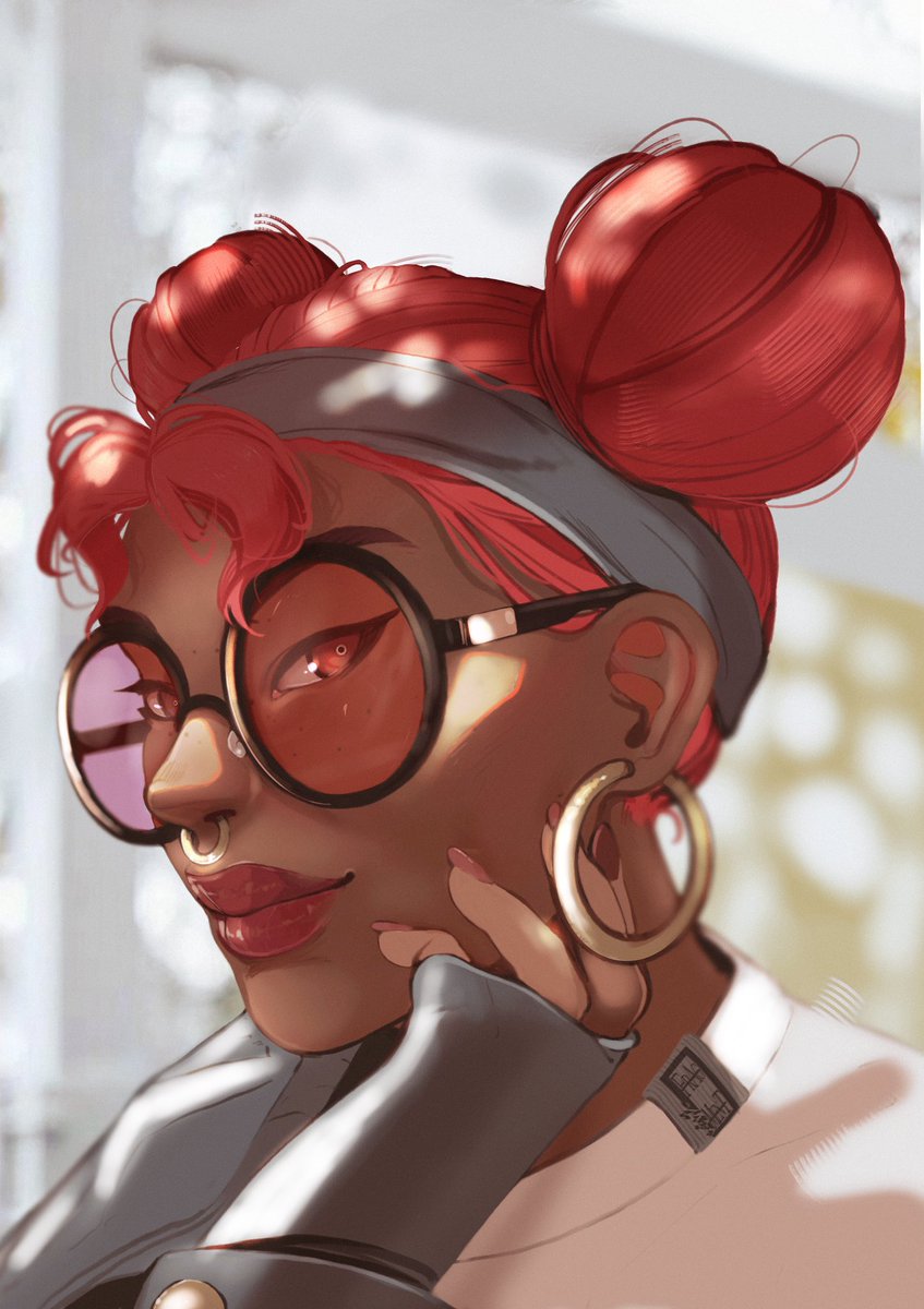 1girl solo dark-skinned female double bun dark skin hair bun glasses  illustration images