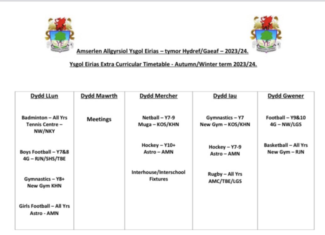 EiriasPe's tweet photo. The @Eirias PE faculty extra curricular timetable will be up and running from Monday 11th. All clubs are free and run from 3.00 - 4.10. No need to sign up, just come along and give it a go 🏸🎾🏈🏀⚽️🏅 https://t.co/pdQHZnWeXV