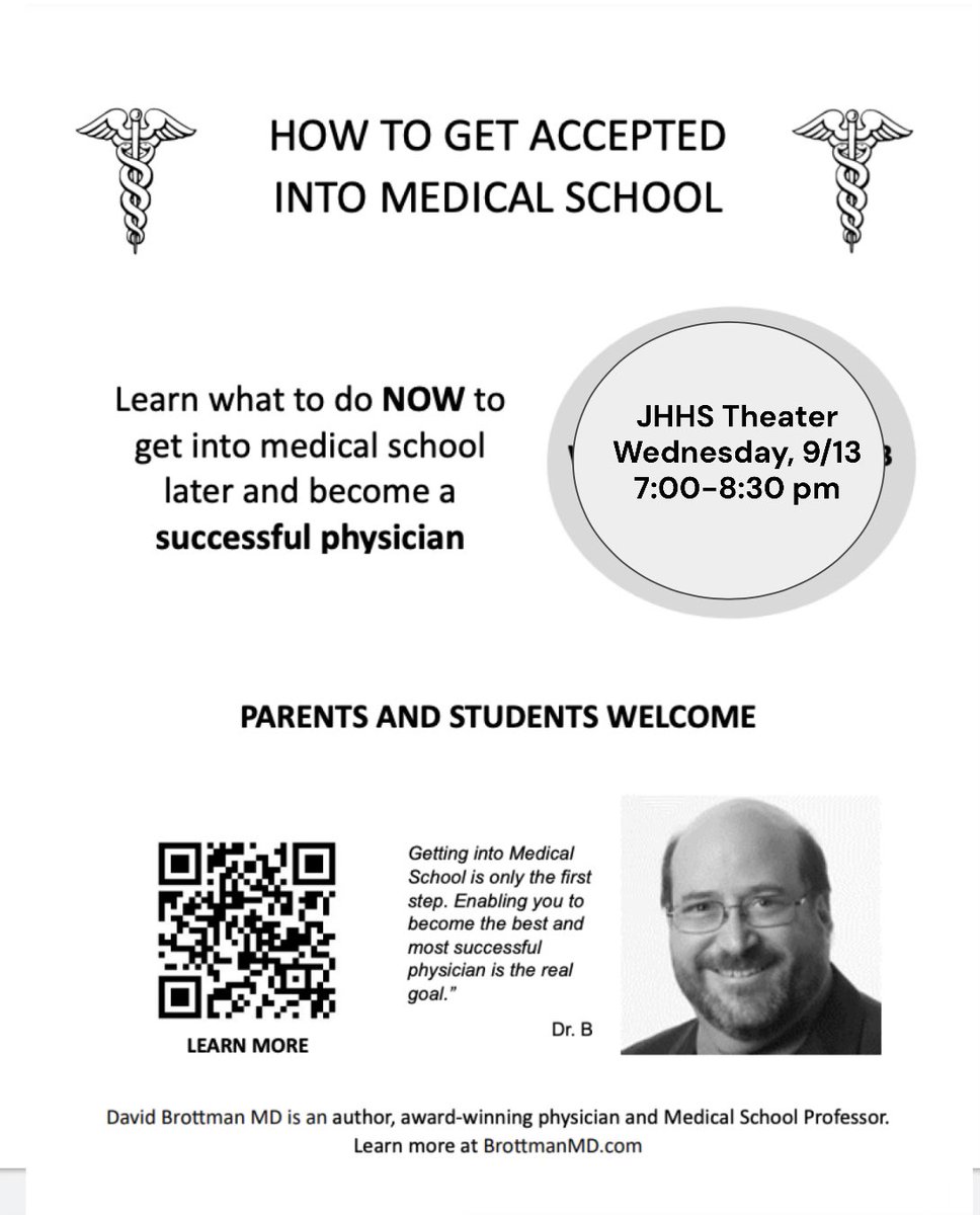 ScrubsClubJHHS's tweet photo. Don’t miss out on Dr. Brottman! He will be coming to JHHS September 13, 7:00-8:30 pm! https://t.co/RANijonHbK