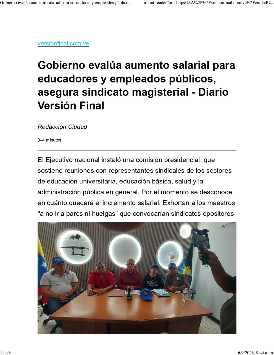 GremioDocente's tweet photo. Este es el Artículo del Diario Zuliano Versión Final donde el Presidente de SINAFUM Orlando Pérez da detalles sobre el Aumento Salarial @VersionFinal 
En nuestra opinión es un Anzuelo para que nos incorporemos a las instituciones y no protestemos
