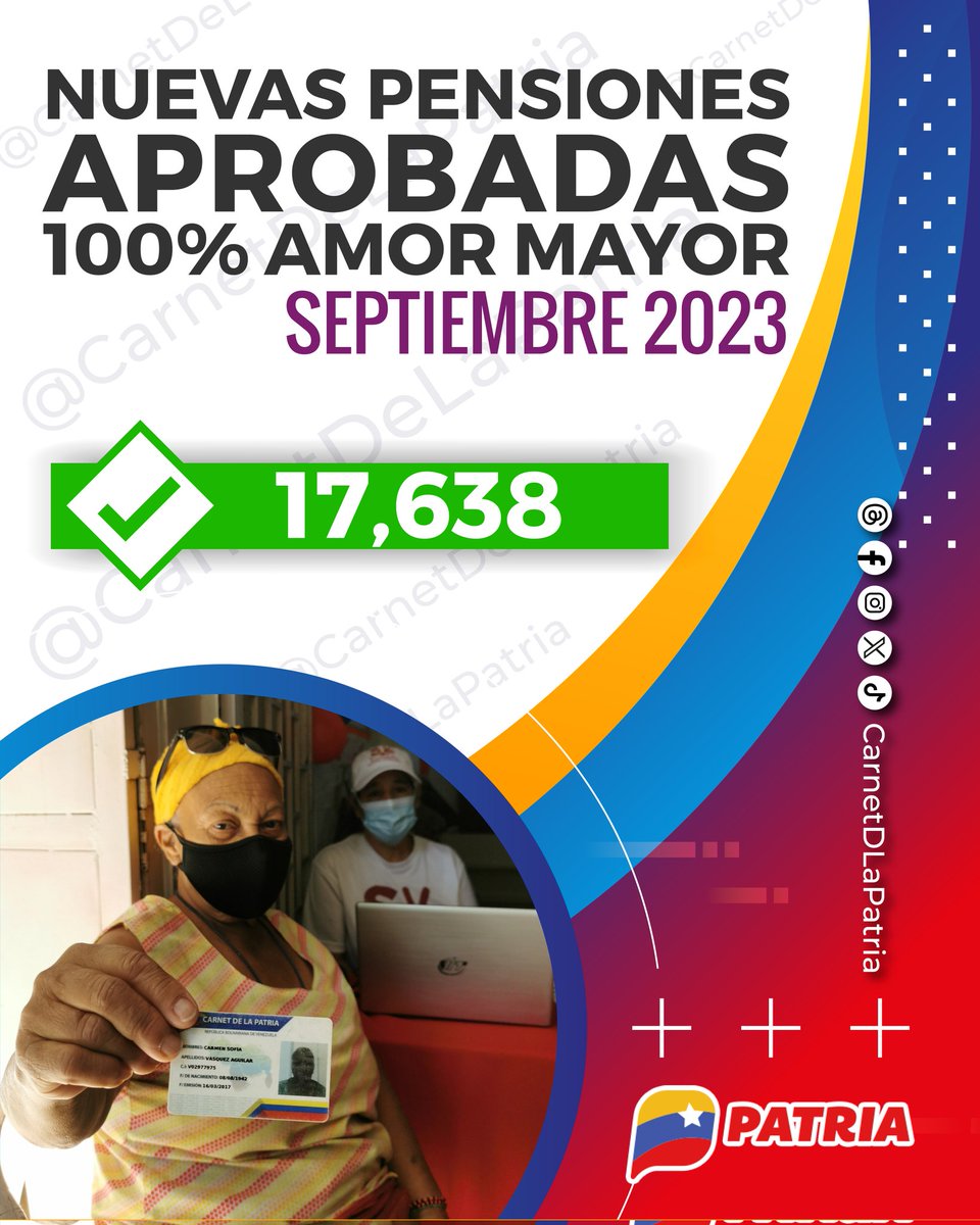 CarnetDLaPatria's tweet photo. #ATENCIÓN Nuestro Presidente @NicolasMaduro, aprobó la entrega de 17, 638 NUEVAS PENSIONES de la Gran Misión en #AmorMayor. A través de la #PlataformaPatria, para mantener el 100% de atención a nuestros adultos y adultas mayores.

#EmprendeEnVenezuela #6Sep https://t.co/wZwjoANbQS