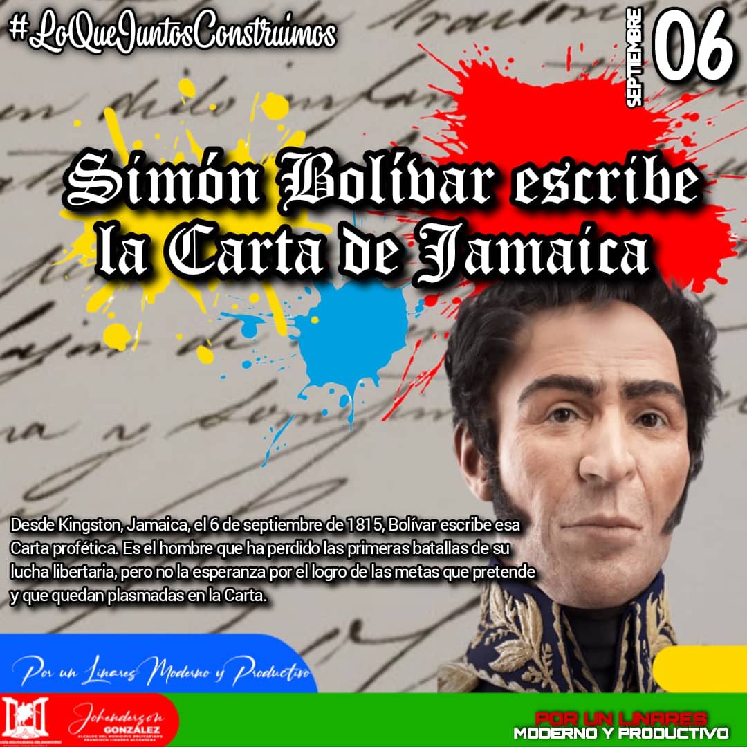 #Efemérides📆 | Hace 208 años Simón Bolívar redactó la Carta de Jamaica, un documento de gran trascendencia, que recoge la visión del padre de la Patria sobre las realidades y el futuro de nuestras naciones. #LoQueJuntosConstruimos #EmprendeEnVenezuela