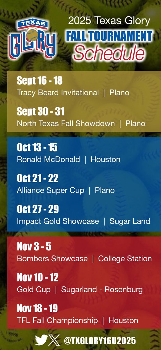 2025TexasGlory's tweet photo. Updated Fall Schedule! Let’s gooooo!
#TexasGloryFastpitch @coachbri15 @WinTheNextPitch @LarranLimbaugh @TexasGlory 
Schedule ⬇️⬇️⬇️ https://t.co/L8bqUcBEet