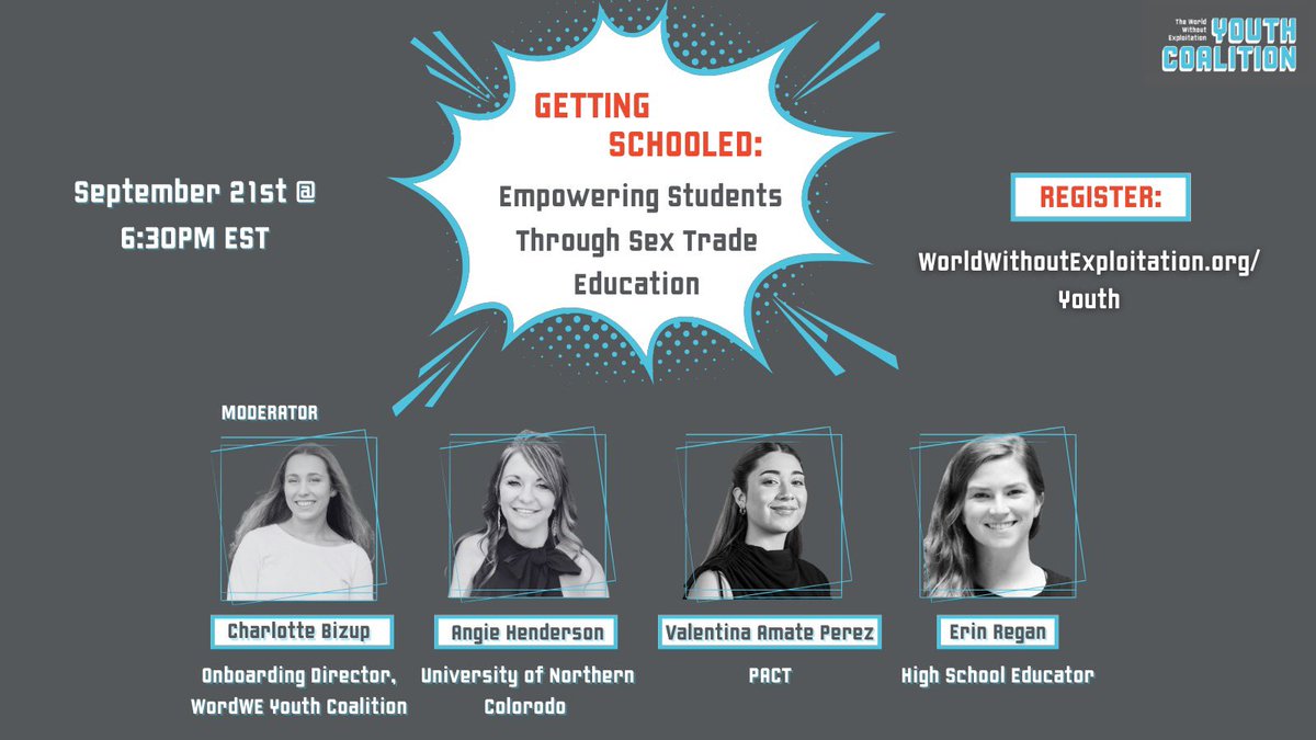 WorldWE Youth is super excited to announce our next webinar on Thursday, September 21st @ 6:30 PM EST:  "Getting Schooled: Empowering Students Through Sex Trade Education."

🔗 Register at the link in our bio!