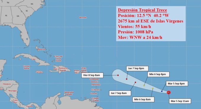 La depresión tropical 13 se convirtió en la tormenta tropical Lee, la 13 de la actual temporada ciclónica. Según el @InsmetC, mantendría rumbo oeste-noroeste, ganaría en organización e intensidad y podría convertirse en huracán#CITMAMTZ