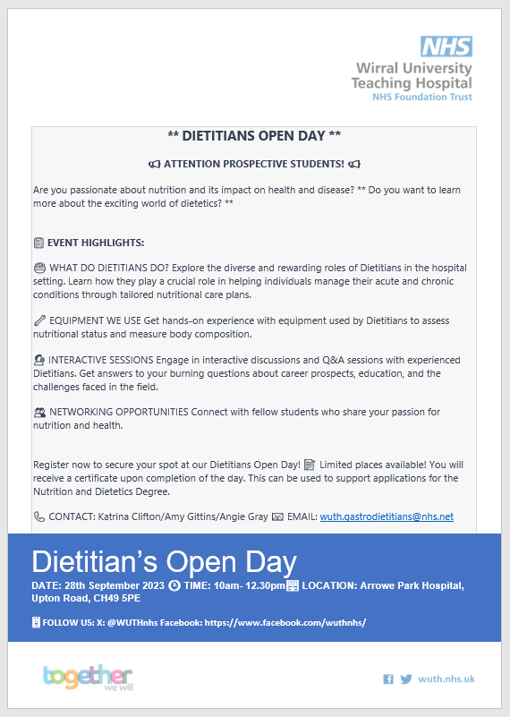 uocClinSciNutr's tweet photo. 📣Calling all prospective student Dietitians!!📣

Do you want to find out more about what Dietitians do to enhance your knowledge and improve your University applications and interviews? Then make sure you attend the Dietitian's open day at @WUTHnhs! 

See the poster for details! https://t.co/MWL7dCI3iY
