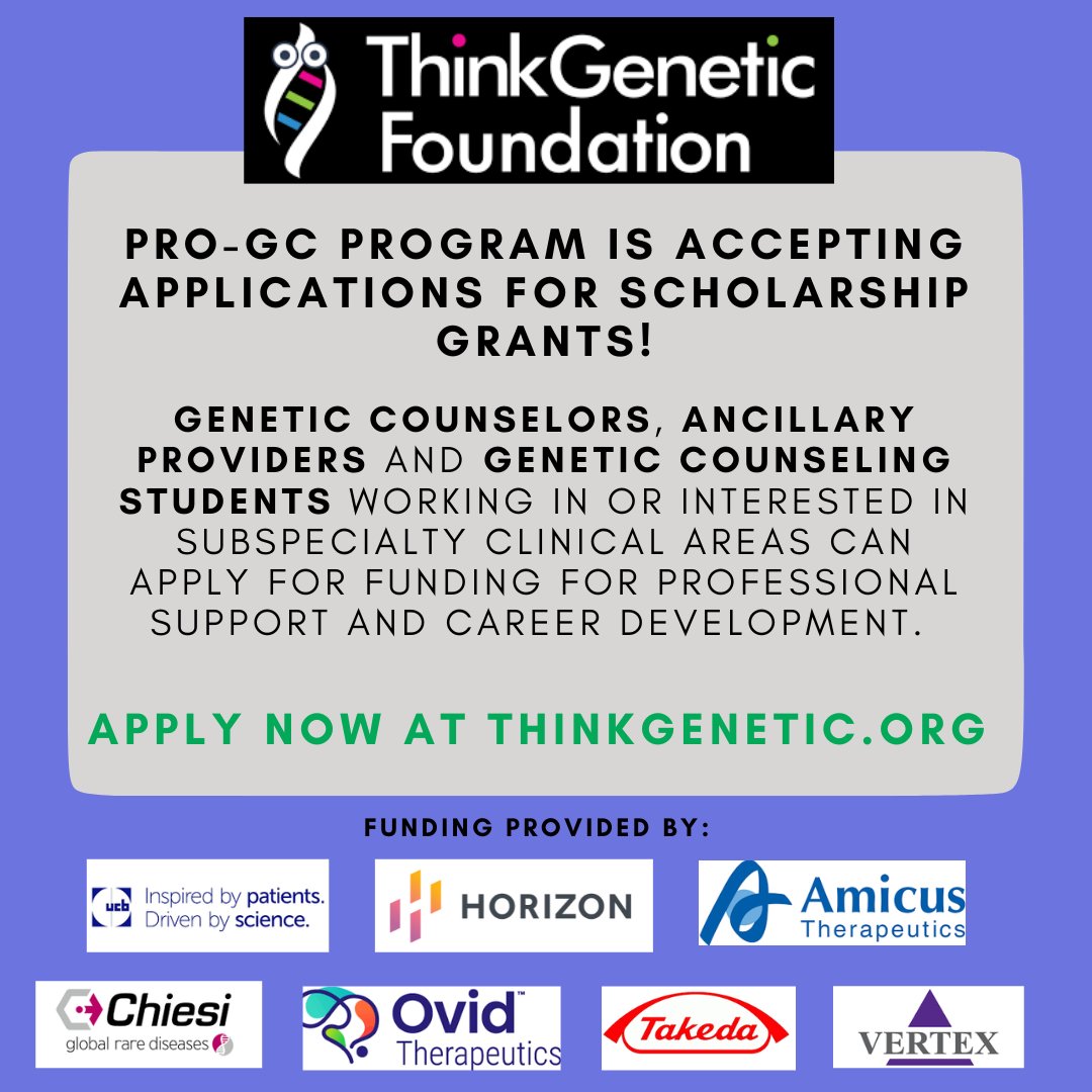 There is still time to apply for scholarships for fall meetings! Visit thinkgenetic.org to apply. #NSGC2023 #ASHG2023 #GeneticCounselors #geneticcounselingstudents #geneticeducation #metabolicdietitians