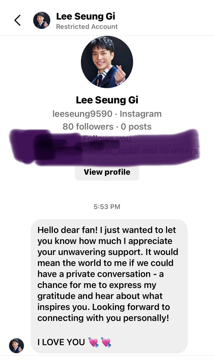 SeunggiDimples's tweet photo. Watch out for this one impersonating #LeeSeungGi and trying to fool people on IG. Report esp if you got a DM. https://t.co/EloYI9FGbi