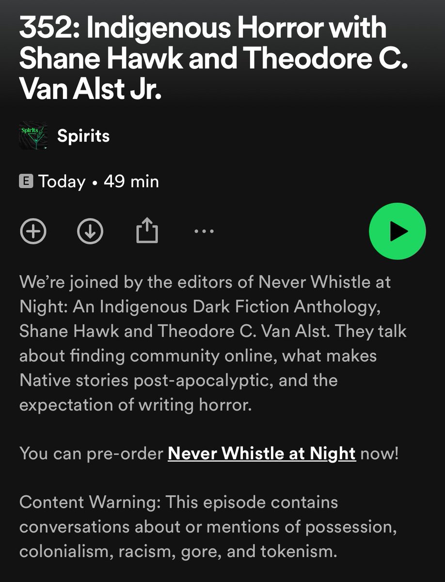 IT’S ALIVE: Our episode on the <a href="/SpiritsPodcast/">Spirits</a> is now available.

@TVAyyyy and I talk all things NWAN, Indigenous horror, our influences, and more. Please consider checking it out on your favorite podcast app and sharing it. Happy listening 👂

spiritspodcast.com/episodes/never…