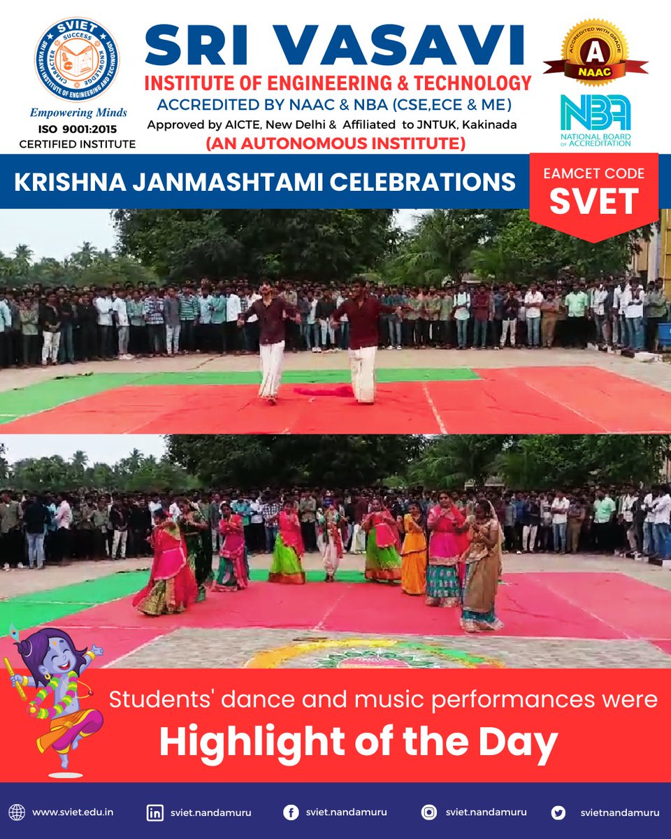 SVIETNandamuru's tweet image. Krishna Janmashtami at SVIET, a colourful mix of art, faculty participation, and lively music &amp;amp; dance. Celebrating our rich culture with smiles and unity!  🎨🕺

🎶 #SVIETKrishnaJanmashtami #sviet #engineeing #CulturalVibes #krishnajanmastmi #nandamuru 🙏🏰