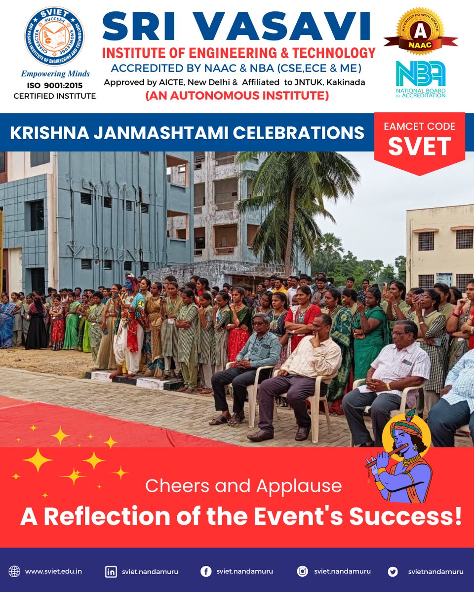 SVIETNandamuru's tweet image. Krishna Janmashtami at SVIET, a colourful mix of art, faculty participation, and lively music &amp;amp; dance. Celebrating our rich culture with smiles and unity!  🎨🕺

🎶 #SVIETKrishnaJanmashtami #sviet #engineeing #CulturalVibes #krishnajanmastmi #nandamuru 🙏🏰