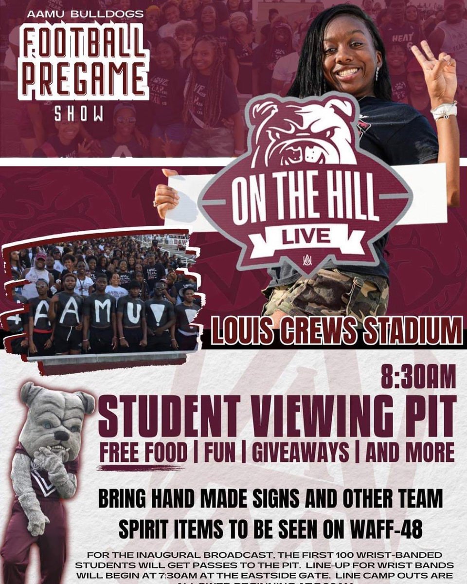 FromTheHill1875's tweet image. Come and be apart of the inaugural pregame show for AAMU Football. ON THE HILL LIVE will take place before each home game @aamuedu @_AAMUAthletics @AamufbR @wjabtv @waff48 @AAMUsga #AAMU #TheHill #AAMU23 #AAMU24 #AAMU25 #AAMU26 #AAMU27