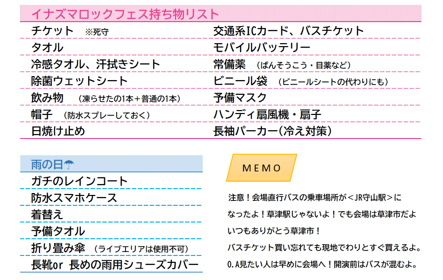 tmryuuri's tweet image. イナズマまであと1ヶ月なので、去年フォロワーさんに助けてもらいながら完成させた持ち物リストをあげときます～👋
今年こそ3日間無事に開催できますように。爽やかな秋晴れを期待してる！！
＃IRF2023