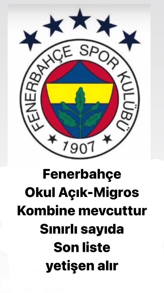 Fenerbahçe Okul açık kombineleri mevcuttur.
İletişim için☎️: 0530 937 3465

#migros #migrosbilet #migroskombine  #kombinevar #deviret #fenerbahcekombine #okulacık #okulacıkkombine #okulaçık #fbkombine #okulaçıkombine #sportoto #sportotokombine