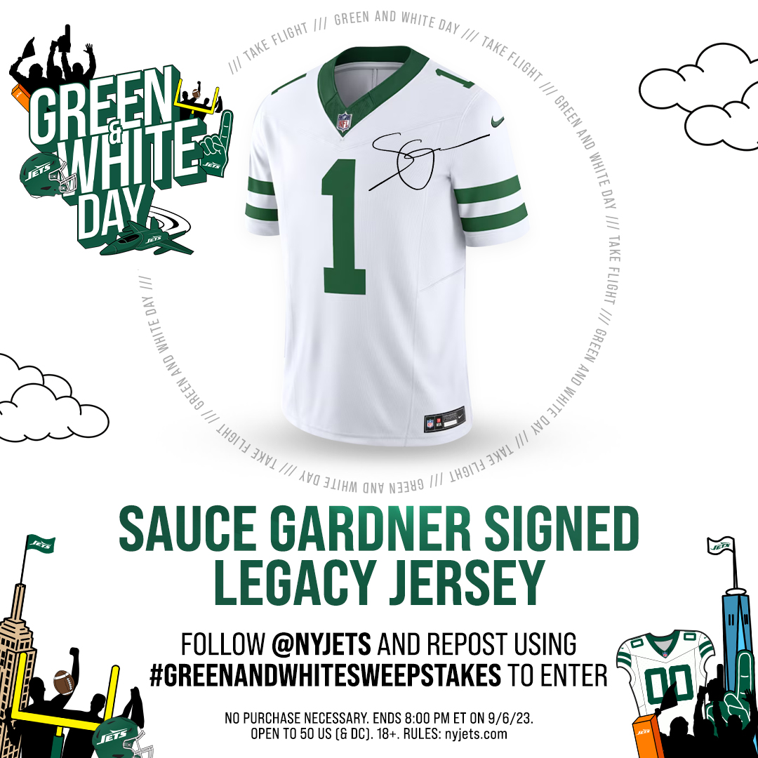 New York Jets (@nyjets) on Twitter photo 🔊 signed <a href="/iamSauceGardner/">SAUCE GARDNER</a> jersey! get your Sauce signed jersey here!
Follow and retweet for a chance to win!
Rules: nyj.social/3ZdSRPR #GreenandWhiteSweepstakes 🔊 signed <a href="/iamSauceGardner/">SAUCE GARDNER</a> jersey! get your Sauce signed jersey here!
Follow and retweet for a chance to win!
Rules: nyj.social/3ZdSRPR #GreenandWhiteSweepstakes