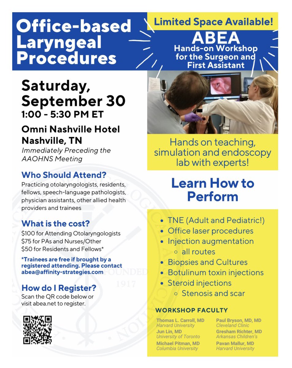 There’s still room to sign up for this course with amazing @ABEAnow faculty during the @AAOHNS Annual Meeting! Open to all levels of training!