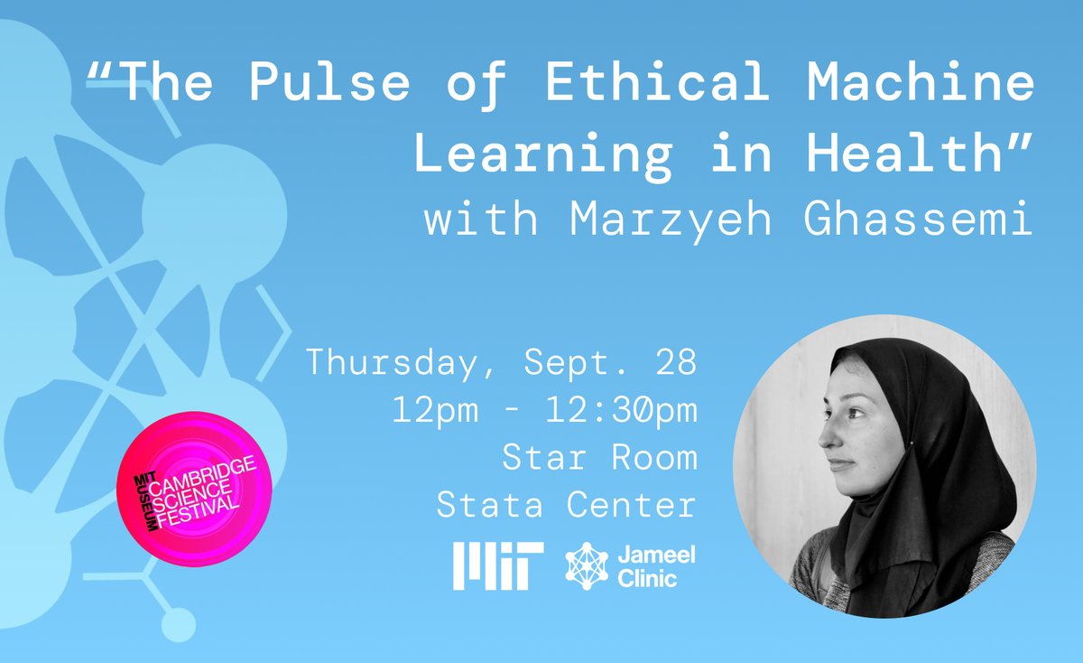 Excited to be part of @CambSciFest's Health Equity Lunch & Learn Series on 9/28 @ 12pm! #JameelClinic PI @MarzyehGhassemi will talk about what it takes to prevent AI from replicating the inequities & harms of human biases. RSVP required. Don't miss it! jclinic.mit.edu/event-details/…