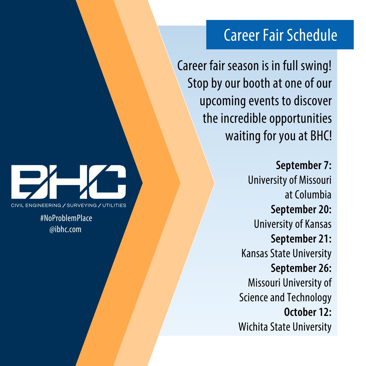 Career Fair season is here, and we're thrilled to share our booth schedule with you! We invite you to drop by and visit us at one of the upcoming events in your area. Discover the incredible opportunities that BHC has to offer. #CivilEngineeringJobs #Opportunities #NoProblemPlace