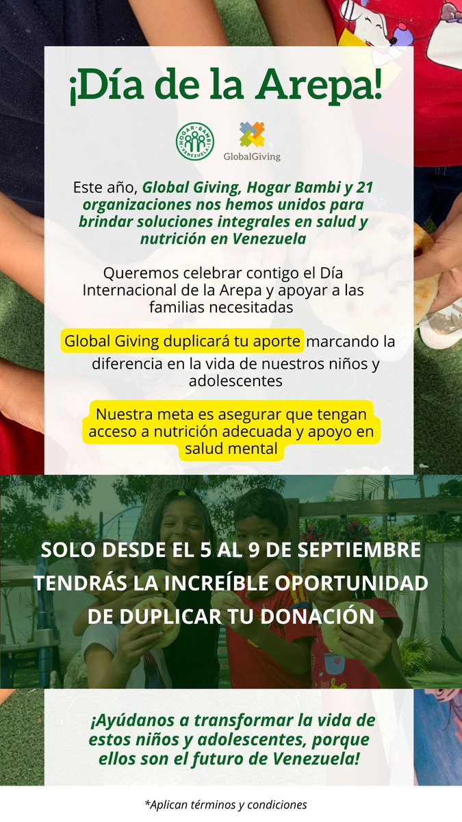 ¡Global Giving duplicará tu donación del 05 al 09 de septiembre!

Queremos celebrar contigo el Día Internacional de la Arepa y apoyar a las familias necesitadas.

#ArepaDay #DiaDeLaArepa #Globalgiving #HogarBambi #05SEP