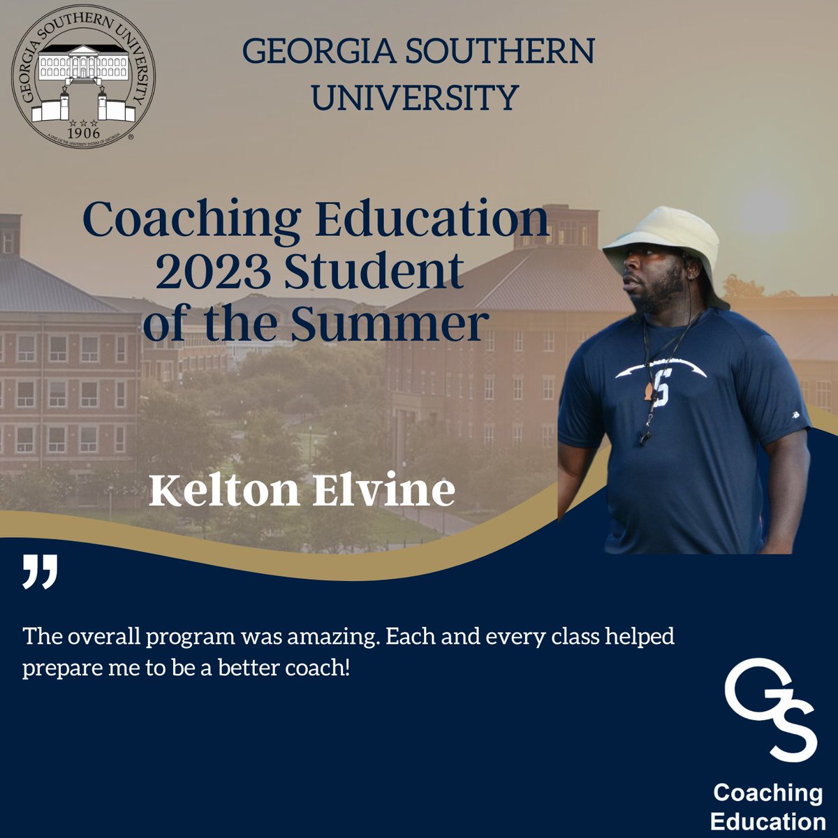 Congratulations to Kelton Elvine, Statesboro High School (Statesboro, GA) Assistant Football and Basketball Coach, on being named a 2023 Coaching Education Undergraduate Student of the Summer.
#GSCoachEducation
#Coaching
