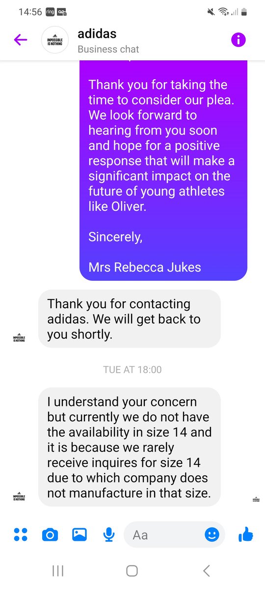 Becky_Jukes's tweet photo. Such a shameful reply, Adidas! Out of all the designs you have you can't cater to larger sizes in any of them!!! @adidasUK @adidas @adidasfootball #shameful https://t.co/AXrG09Rham