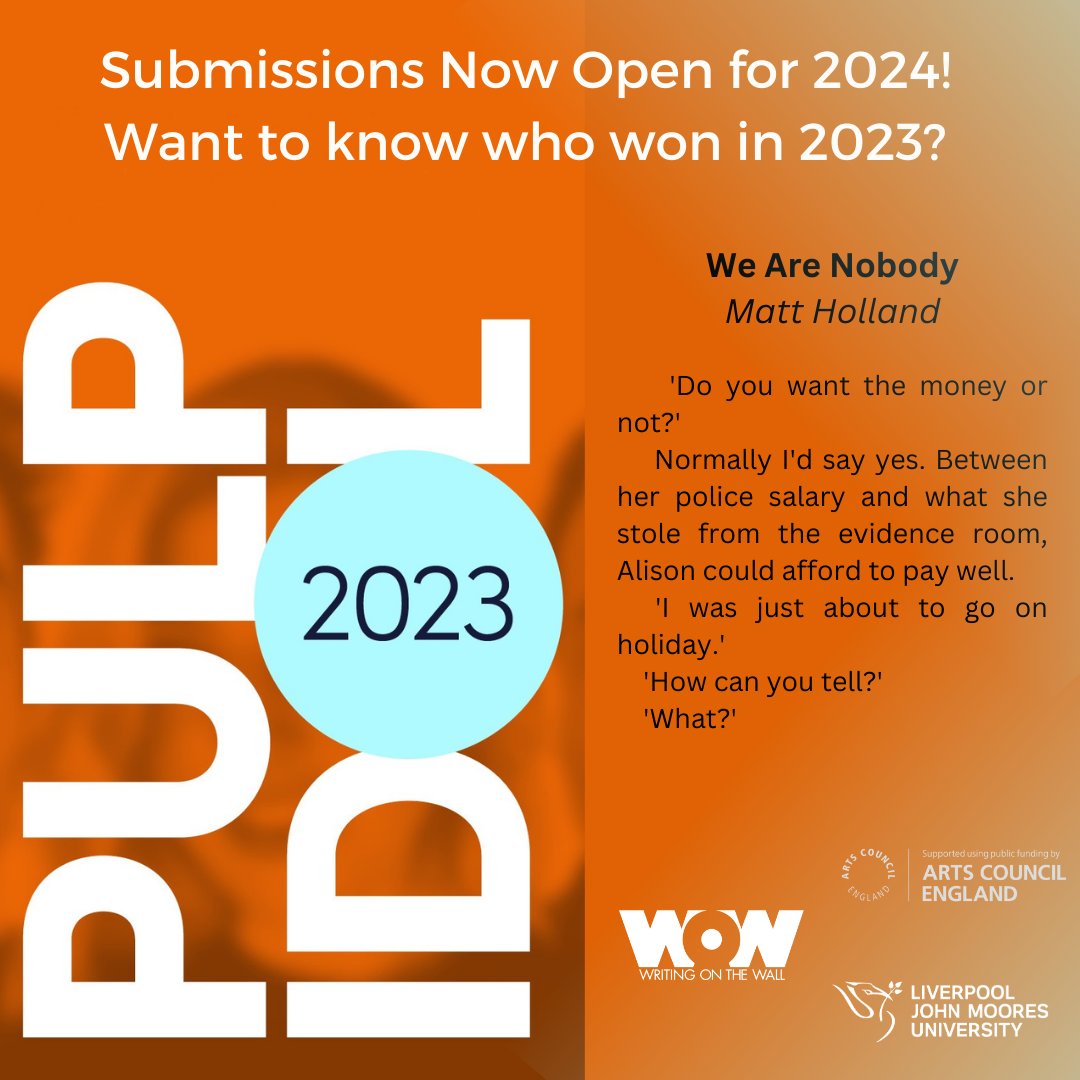 wowfest's tweet photo. Are you a novel writer? Thinking of entering #PulpIdol24? 

Check out an extract from Finalist @gallaetha_matt's 'We Are Nobody' 

Read the whole thing: https://t.co/wYb1hxnNr9

Enter Pulp Idol 2024 here: https://t.co/6NhU56gEZT https://t.co/EhZncR3hMp