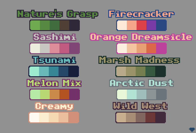 mirrutatep's tweet image. A few 5 color palettes

Which is your favorite?

#pixelart