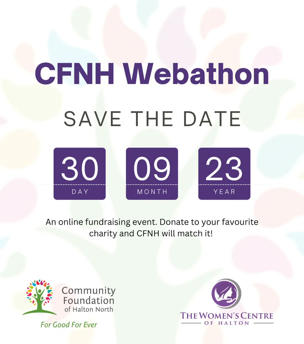 Circle September 30th in your calendar! 

This year, we are excited to participate in the Community Foundations of Halton North’s third annual online fundraising event - CFHN Webathon 2023!

Stay tuned for details!

#CFHNWebathon2023 #forgoodforever