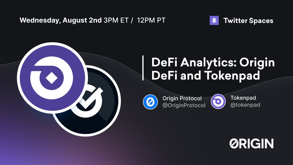 Origin Protocol (@originprotocol) on Twitter photo Join us at 2 pm ET today! ⏰
Hear from Origin DeFi's BD Manager <a href="/PGee13/">Peter Gray</a> on new $OETH and $OUSD integrations, and learn how to leverage DeFi analytics with <a href="/tokenpad/">Parker Profit | Tokenpad</a> ✨ Join us at 2 pm ET today! ⏰
Hear from Origin DeFi's BD Manager <a href="/PGee13/">Peter Gray</a> on new $OETH and $OUSD integrations, and learn how to leverage DeFi analytics with <a href="/tokenpad/">Parker Profit | Tokenpad</a> ✨