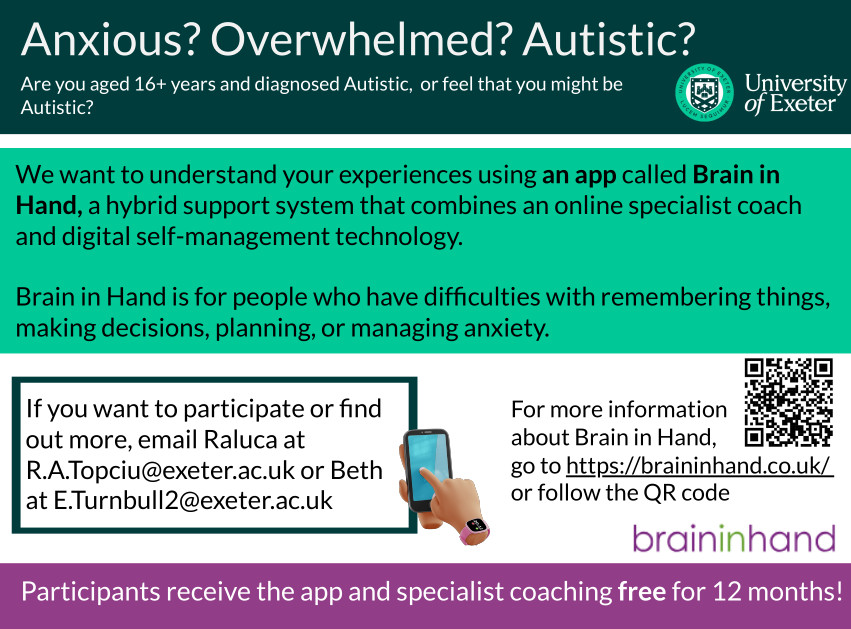 AutisticNotts's tweet photo. The University of Exeter is studying +16 yrs autistic people's experiences using an app called Brain in Hand.
Please email Raluca R.A.Topciu@exeter.ac.uk or Beth at E.Turnbull2@exeter.ac.uk
Participants get the app and specialist coaching free for 12 months!
#actuallyautistic https://t.co/b9H3RWuEs6
