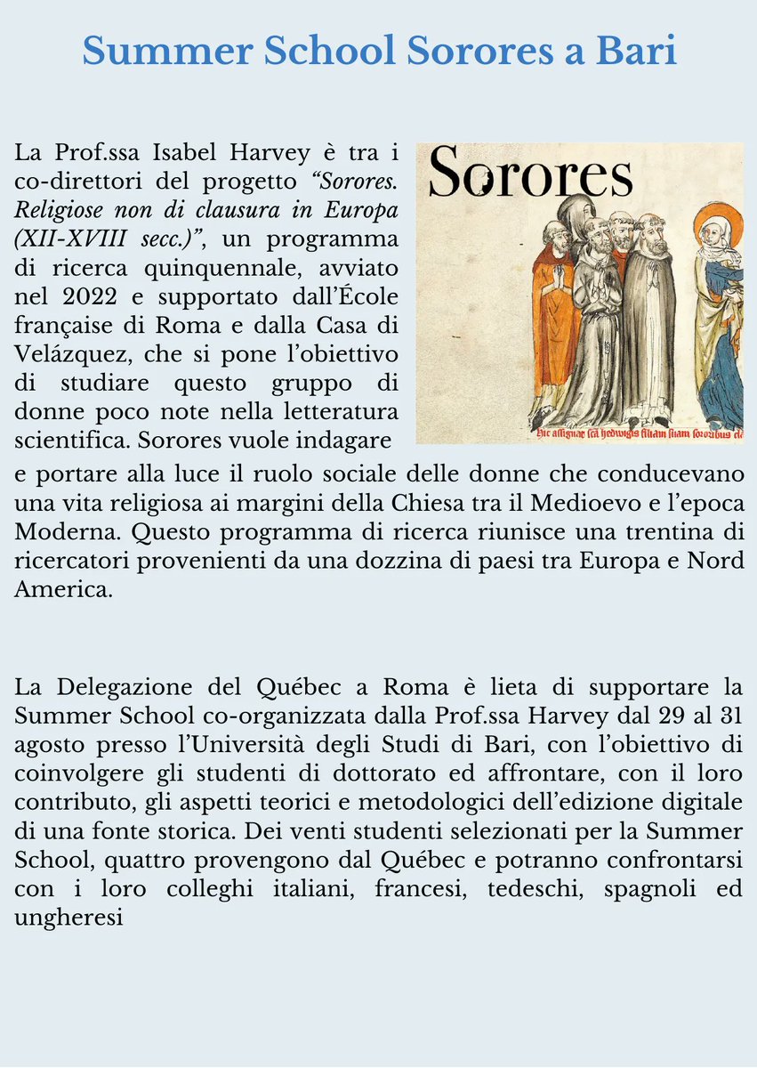 Sorores (@sorores1) on Twitter photo Many thanks to the Delegazione del Québec a Roma <a href="/QuebecItalia_it/">Delegazione del Québec in Italia</a> for their article on the Sorores' summer school in Bari and on Isabel Harvey, coordinator of the Sorores' project in their Newsletter, Agosto 2023. Many thanks to the Delegazione del Québec a Roma <a href="/QuebecItalia_it/">Delegazione del Québec in Italia</a> for their article on the Sorores' summer school in Bari and on Isabel Harvey, coordinator of the Sorores' project in their Newsletter, Agosto 2023.