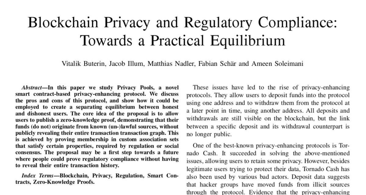 1/ New privacy paper with @VitalikButerin, Jacob Illum (@chainalysis), @mat_nadler, @fschaer! papers.ssrn.com/sol3/papers.cf… We explored new compliance opportunities made possible by privacypools.com, where users can provably dissociate from illicit funds. story below 🧵👇