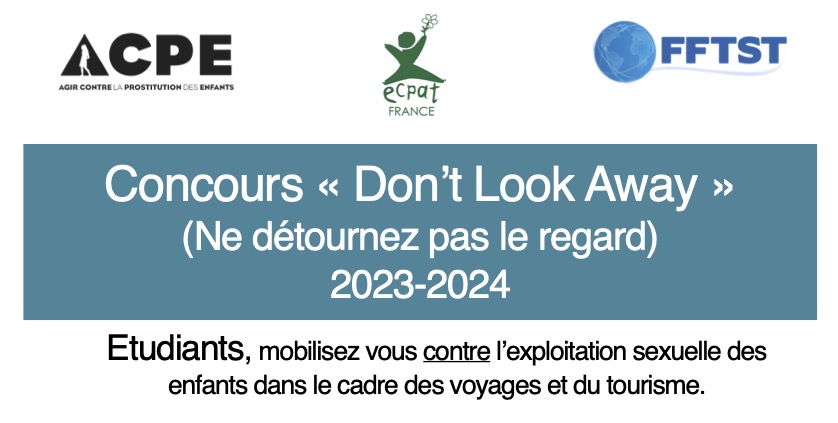 FFTST's tweet photo. ACPE, ECPAT et FFTST renouvellent le Concours « Don't Look Away » (ne détournez pas le regard !) pour l’année scolaire 2023-2024.
Toutes les informations et le formulaire d'inscription sur notre site : https://t.co/PWqd0hkAhn https://t.co/E5xtNFDgsf