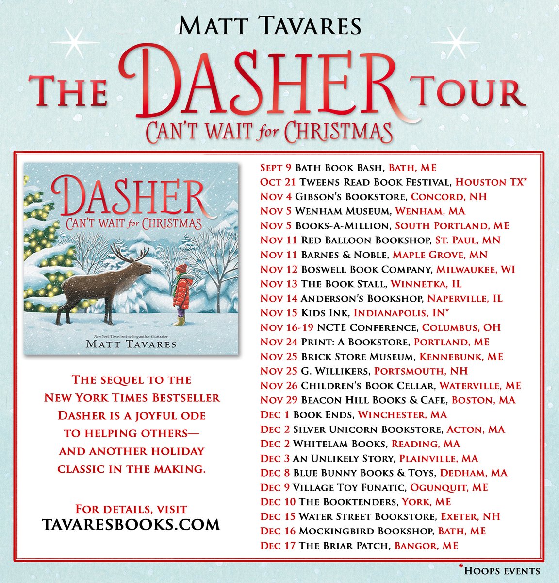 tavaresbooks's tweet photo. Announcing the DASHER CAN'T WAIT FOR CHRISTMAS Tour!

I'll be spending most of November &amp; December reading, drawing, and signing books at bookstores around the midwest and New England. If you're near any of these cities &amp; towns, come say hi!

Can't wait! 🦌❄️🎅 https://t.co/C0Okje3VQ4