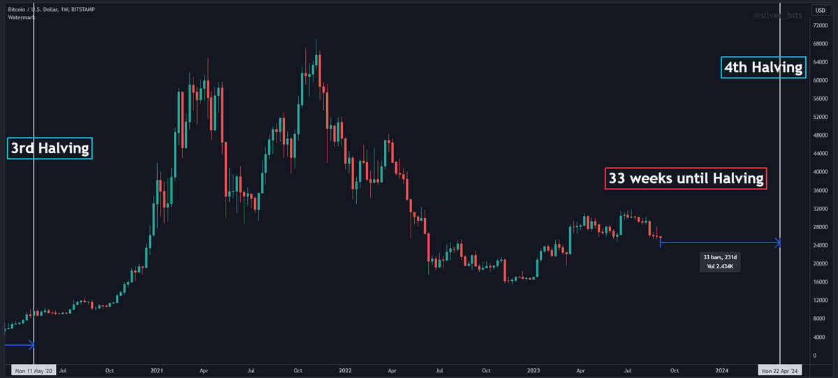 silver_bits's tweet image. Hey folks! With the Bitcoin halving just 7 months away, now's NOT the time to snooze. 🚫💤 

We're almost past this bear market. While there's a chance for new lows, it seems remote. 

Remember, even a macro event like the Covid crash didn't set new lows for Bitcoin, just a…