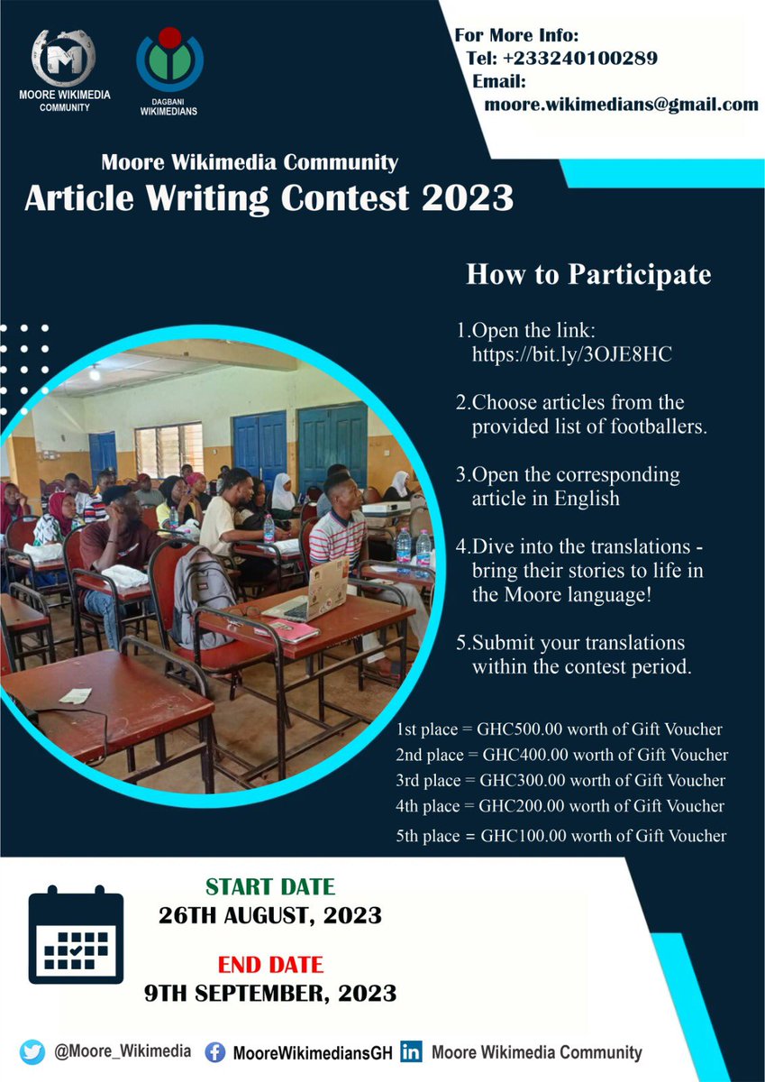 Hello, #Wikimedia family! 📝 <a href="/Moore_Wikimedia/">Moore Wikimedia Community GH</a> invites you to join the 2023 Article Writing Contest, where you can put your writing skills to test. Dive in from Aug 26 to Sept 9. Discover how to participate and let's enrich it together! 💪🌍bit.ly/3OJE8HC