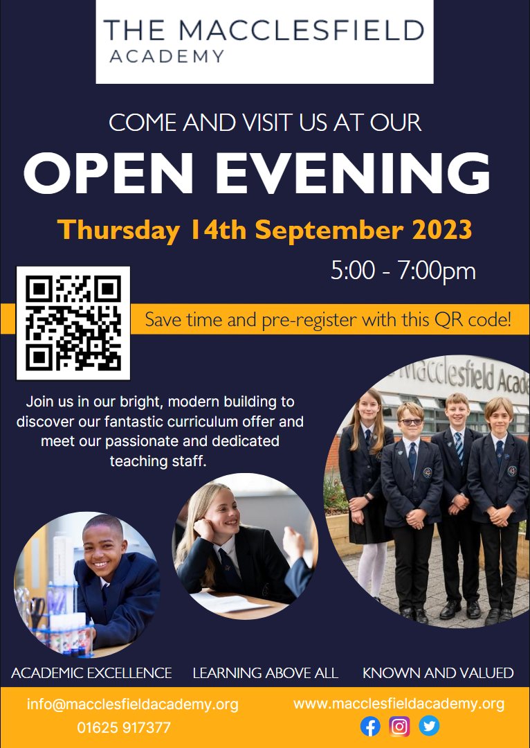 Next Thursday 14th September will be our Open Evening at @TheMaccAcademy! We look forward to welcoming prospective students, including those from @AshGroveAcademy, @parkroyalcs, @Gawsworth_PS, @HollinheyPS, @WincleCEPrimary and @IvyBankPrimary to visit our wonderful school!