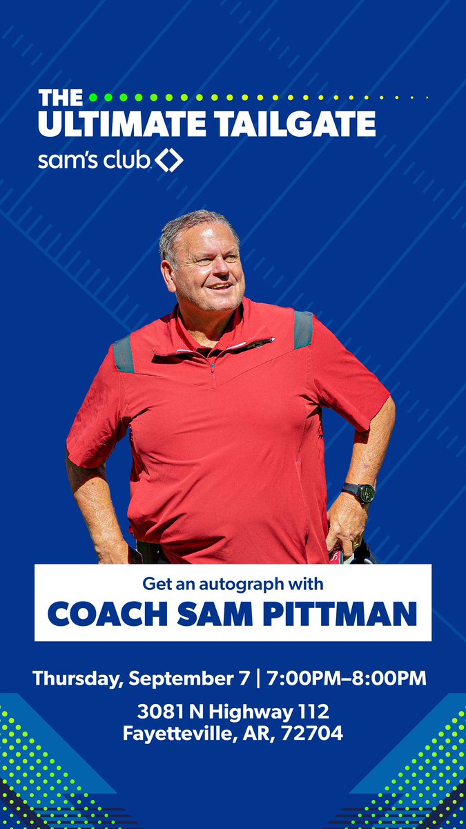 Get ready to win big at Sam’s Club’s Ultimate Tailgate! Join me this Thursday, 7-8 pm, for a FREE autograph signing. See you @SamsClub 3081 N HIGHWAY 112, Fayetteville, AR, 72704! 🏈🏆