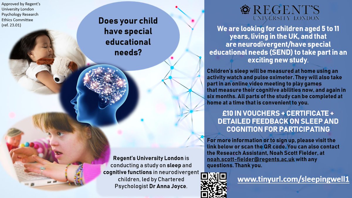 Do you have a child with #SEND? Are you interested in their #cognitivedevelopment and #sleep? get involved in an exciting #research project and receive detailed feedback on your child's sleep and cognitive performance + £10. For more info and to sign up - tinyurl.com/sleepingwell1