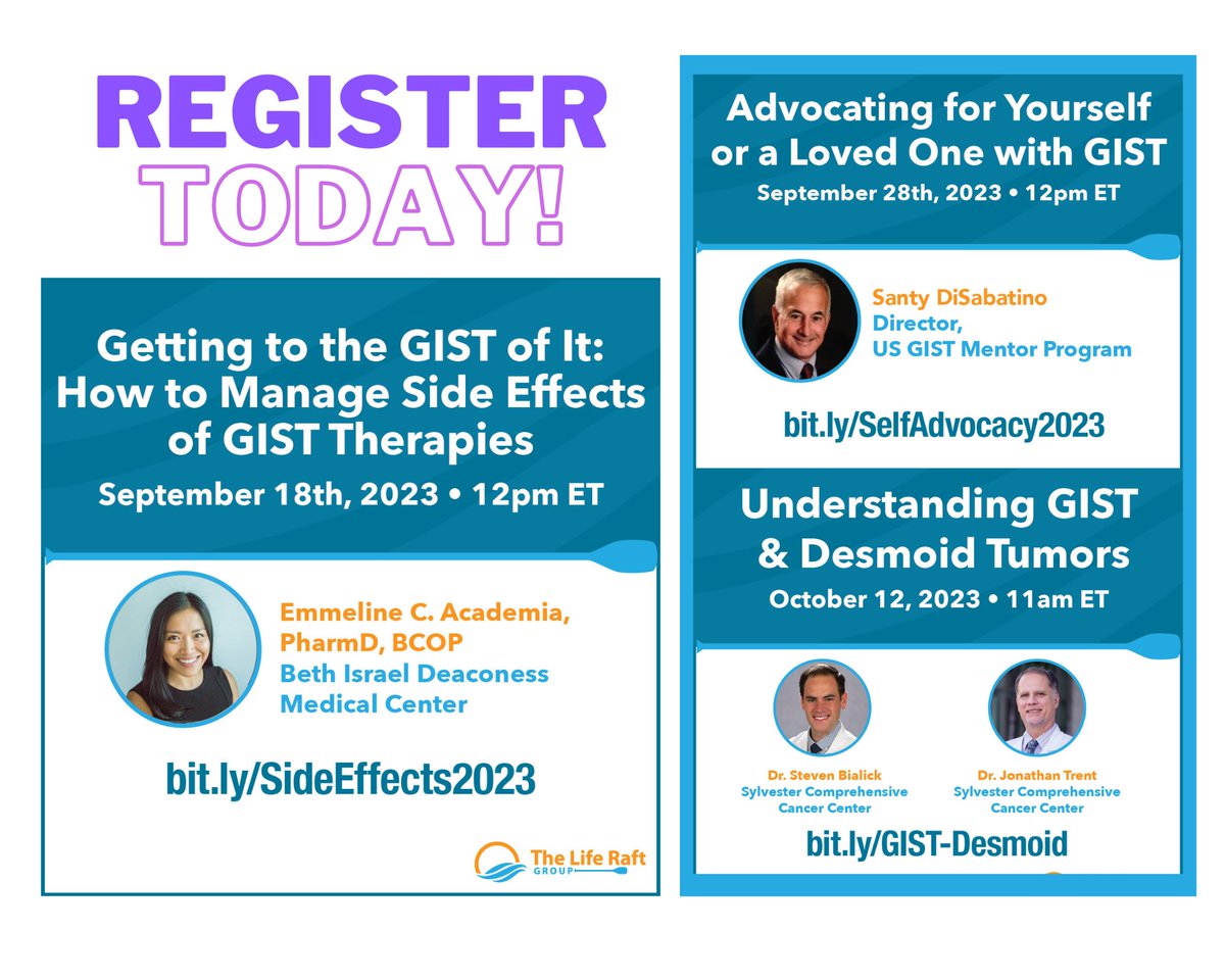 Don't miss these great webinars! Learn about side effects, patient advocacy & understanding GIST and desmoid tumors. You can ask questions after the presentations or submit ahead of time. Register today: bit.ly/LRGEvents2023 #gisteducation #gist #sarcoma #advocacy #desmoid