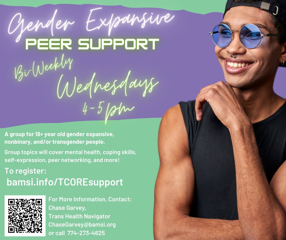 BAMSIservices's tweet photo. Join us today for TCORE's Gender Gender Expansive Peer Support group for 18+ year old gender expansive, nonbinary, and/or transgender people.
Group topics will cover mental health, coping skills, self-expression, peer networking, and more!

To register:
https://t.co/m80DRS30rN https://t.co/L07x7A0IMq