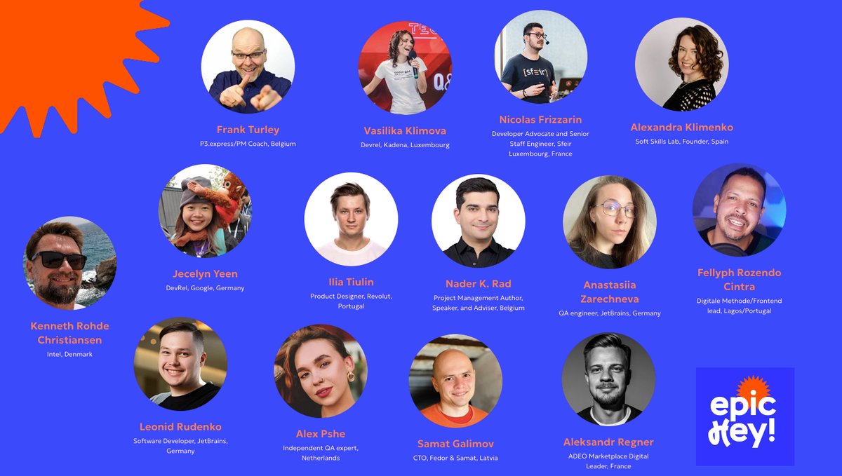 epicheyconf's tweet image. Meet the first speakers!
We are happy to see such a cool company and these are just some of the speakers we are expecting.
Summary there will be ≈40 speakers: Keynote 2. Product/Project/Teamlead 12. Backend/DevOps/Data 12. Frontend 8. QA 6. epichey.dev/#speakers