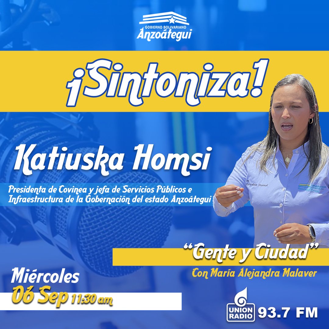 #6Sep Escucha a la presidenta de Covinea <a href="/kahomsi/">Katiuska Homsi</a> a través de <a href="/unionradio93_7/">Unión Radio 93.7 FM</a>  📻 en el programa "Gente y Ciudad"🔴

11:30 am 🕐