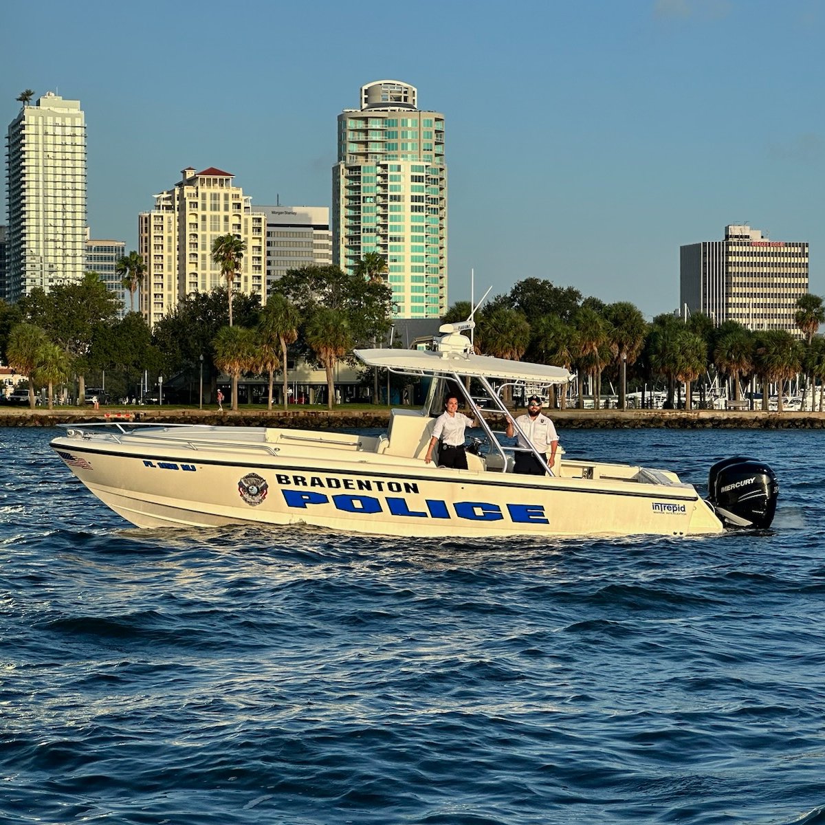 BradentonPD's tweet photo. Ahoy! BPD's Marine Unit assisted with (boat) traffic control at the #P1Offshore races in St. Pete last weekend. Thanks to our fellow law enforcement marine units for capturing these pics of Detective Freed and Officer Gardner operating the boat on behalf of Bradenton PD. https://t.co/GRxZh9MS6r