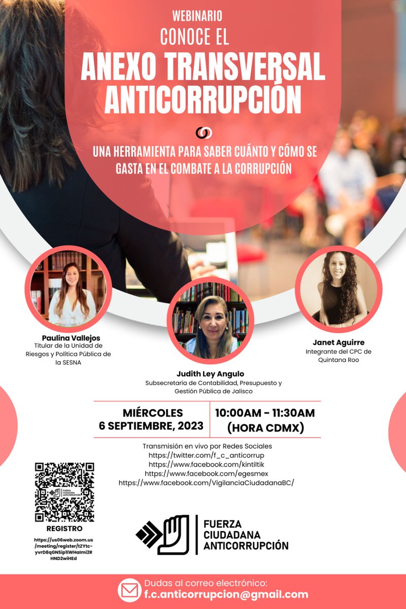 ¡Es hoy! Únete al webinar sobre el #AnexoTransversalAnticorrupción 
📅 6 de septiembre 
⏰10:00 CDMX 
💻 Zoom previo registro: cutt.ly/NwjIf5mO 
📱 Transmisión en vivo por redes
#FuerzaCiudadanaAnticorrupción