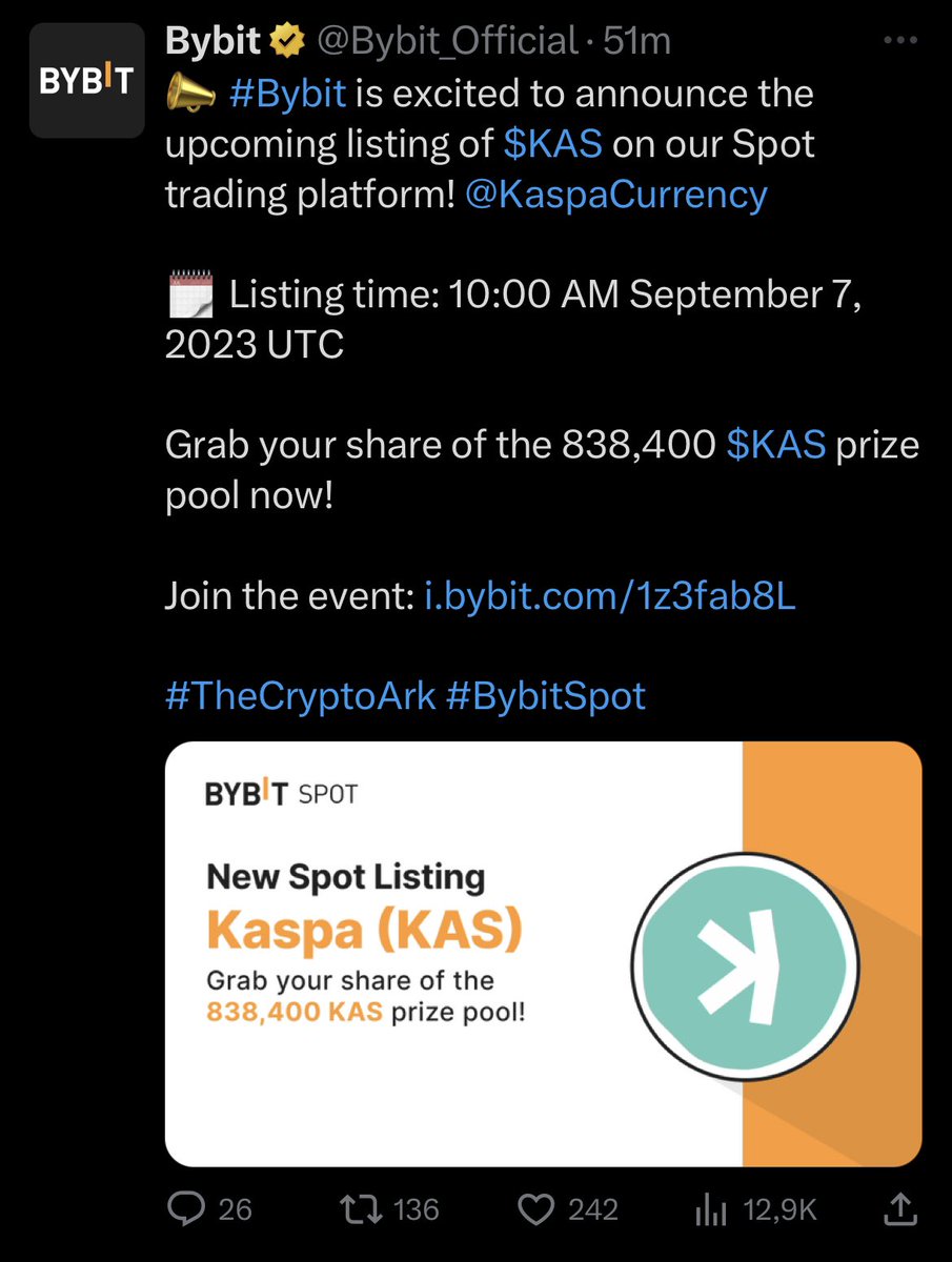 Morgen (Donnerstag 7.9) um 12 Uhr deutscher Zeit wird #kaspa auf #ByBit gelistet.

Bybit ist eine Börse mit vielen Nutzern und einem hohen Handelsvolumen.

Wir freuen uns, $kas auf immer größeren Börsen gelistet zu sehen.

Vielen Dank liebe Kaspa-Community für euer Engagement💚.