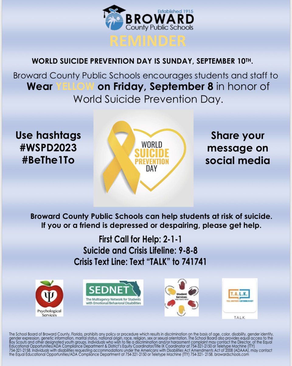 🌼 Let's shine a light on hope and support! Broward County Public Schools invites all students and staff to WEAR YELLOW this Friday, September 8, in honor of World Suicide Prevention Day. 💛 Let's spread love and positivity. 🤝 #WearYellow #SuicidePrevention #WSPD2023#BeThe1To