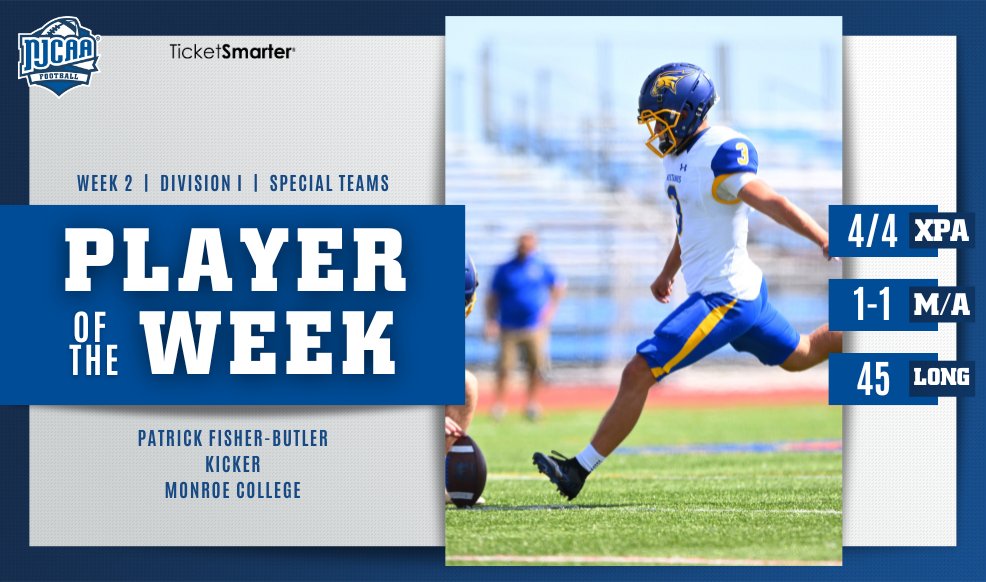 👟 Happy Feet 👟 Patrick Fisher-Butler went 4-4 in extra points and 1-1 in field goals with a 45-yard-long field goal for the @mjcmustangs. This earned Fisher-Butler the #NJCAAFootball DI Special Teams Player of the Week, presented by @TicketSmarter! 💪 #NJCAAPOTW