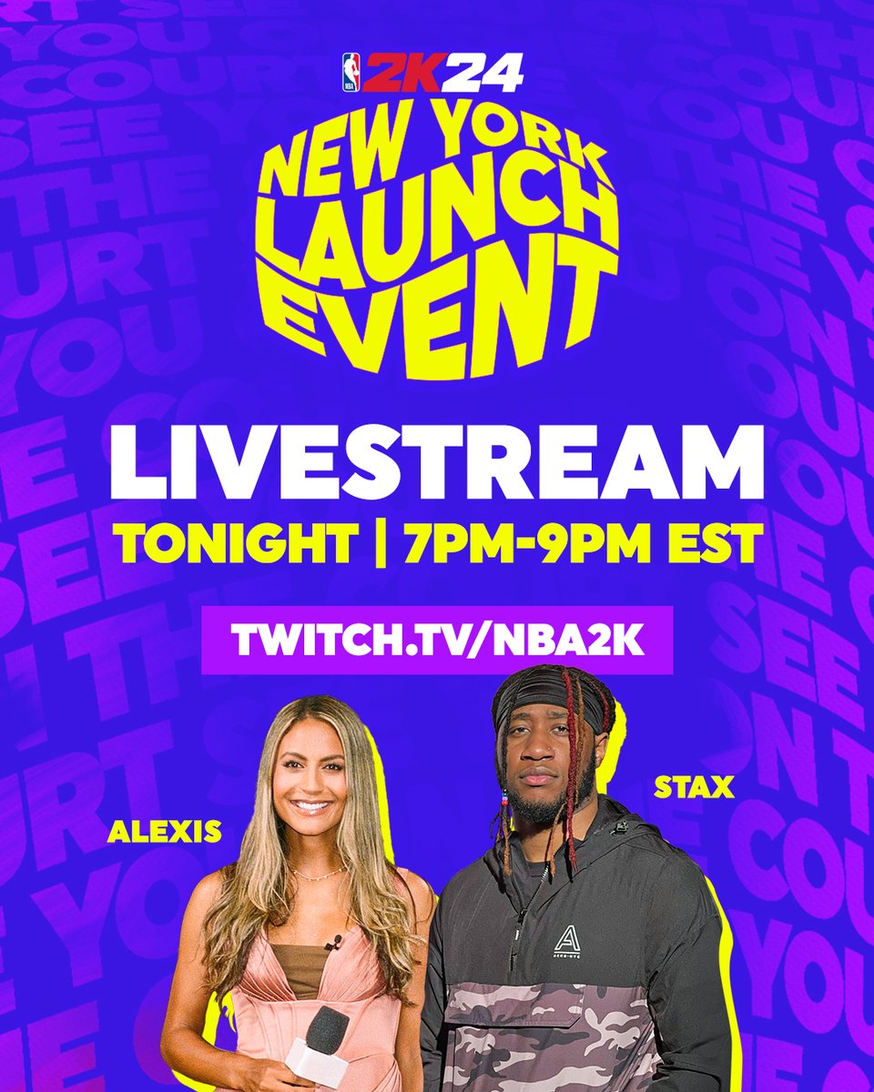 Don't miss the #NBA2K24 Launch Event livestream TONIGHT 🔥  

Tune in for special guests &amp; more 👀  

⌚️ 7PM EST 
📺 Twitch.tv/nba2k